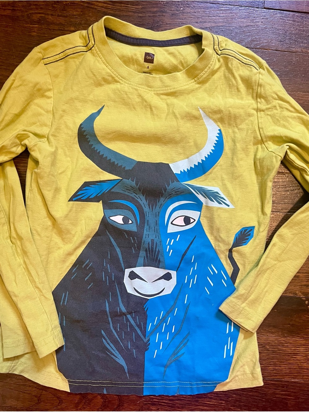 Tea Collection Yellow Long-Sleeve Tee with Blue & Black Bull Graphic - Picture 1 of 2
